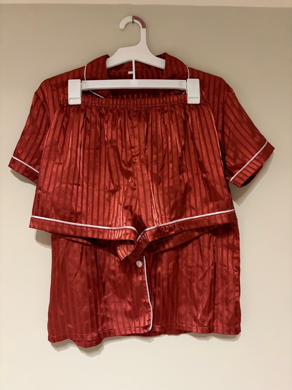 Red Satin Striped Pajama Set with White Trim